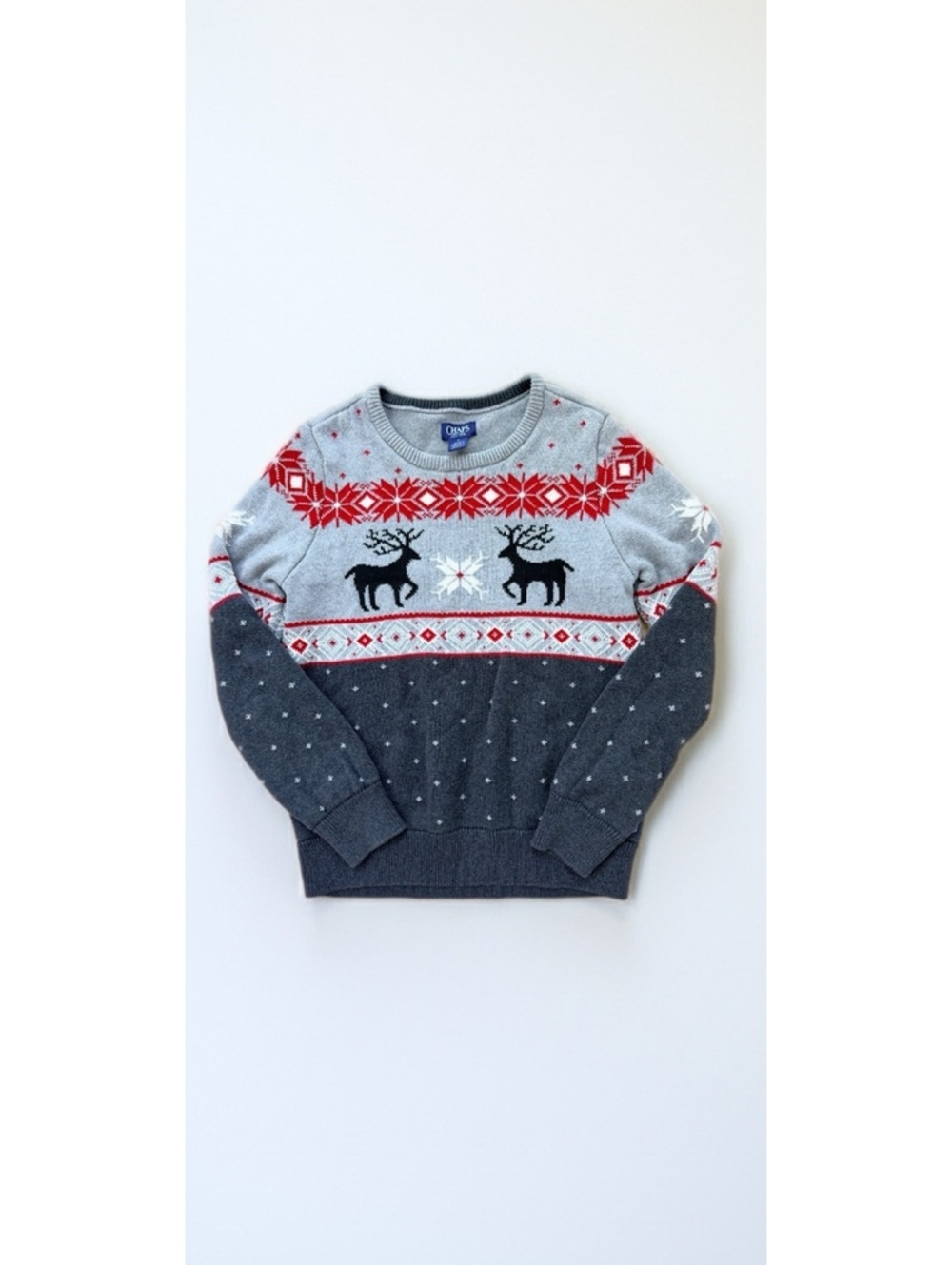 Chaps Reindeer Fair Isle Holiday Sweater Nordic Christmas Grey Red Womens M EUC